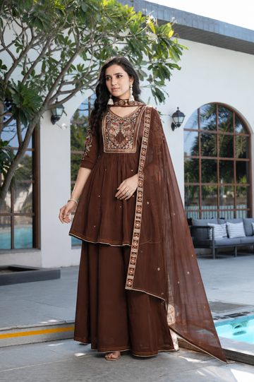 Chocolate Brown Embroidered Anarkali Sharara Set