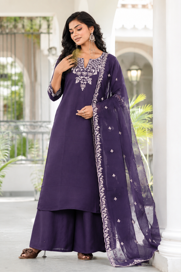 Deep Purple Embroidered Rayon Suit Set