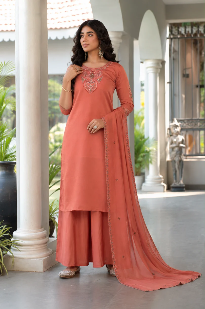 Rust Embroidered Viscose Kurta Palazzo Set