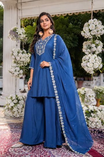 Navy Blue Embroidered Kurta Palazzo Set