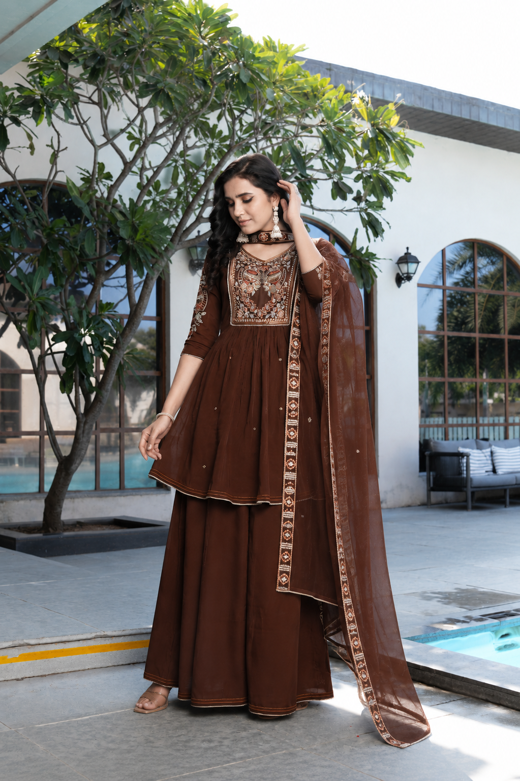 Chocolate Brown Embroidered Anarkali Sharara Set