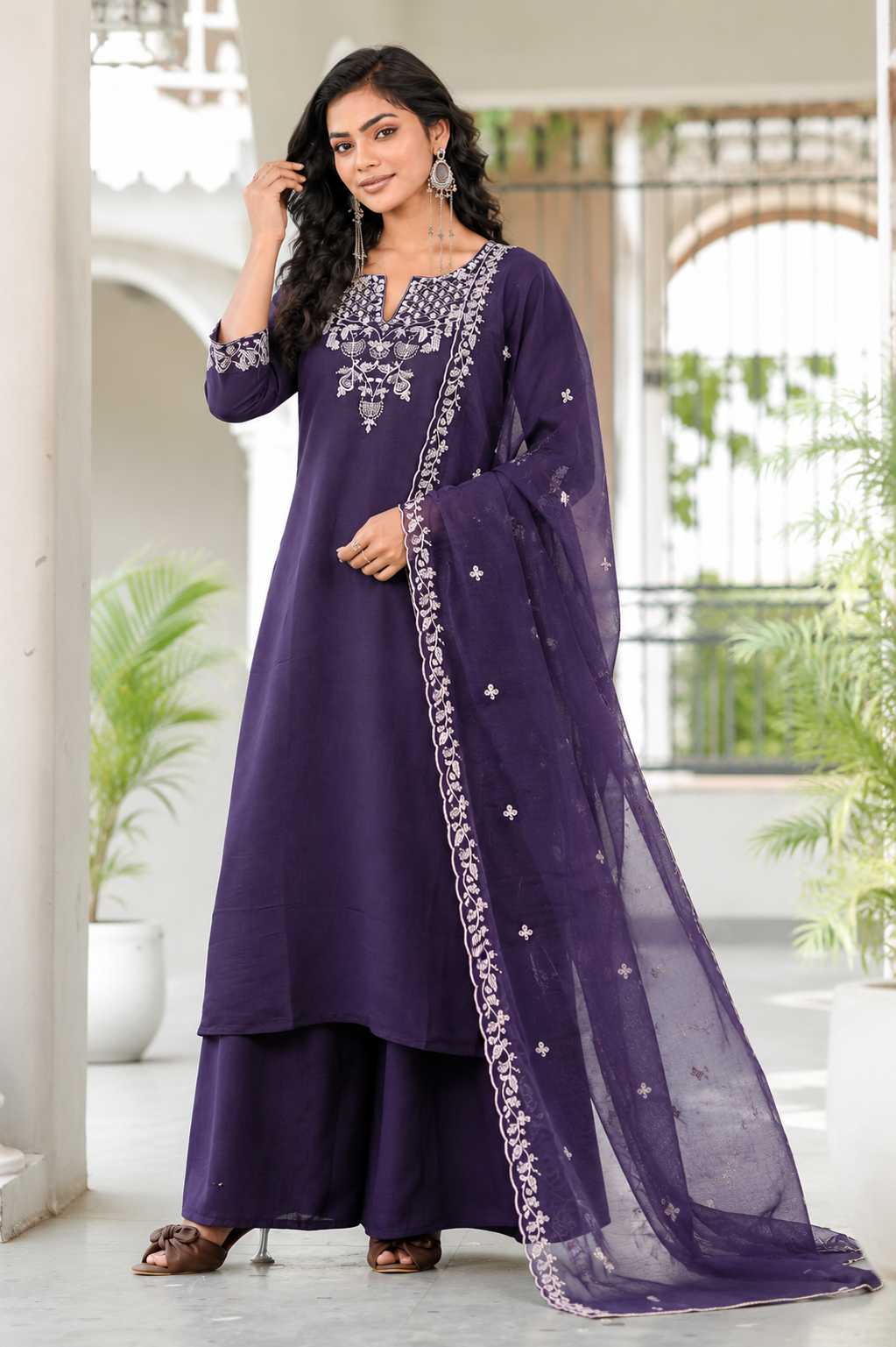 Deep Purple Embroidered Rayon Suit Set