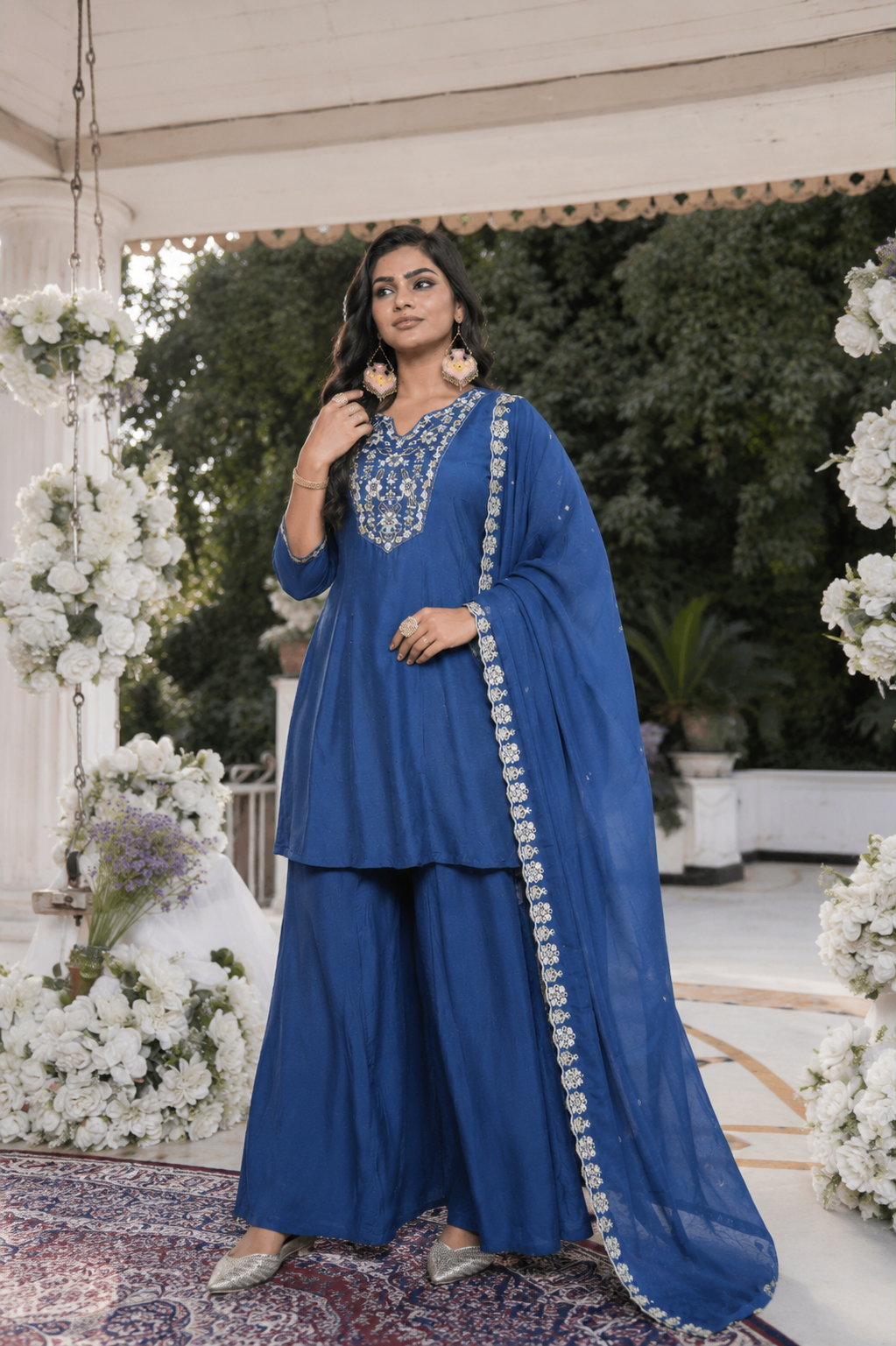 Navy Blue Embroidered Kurta Palazzo Set
