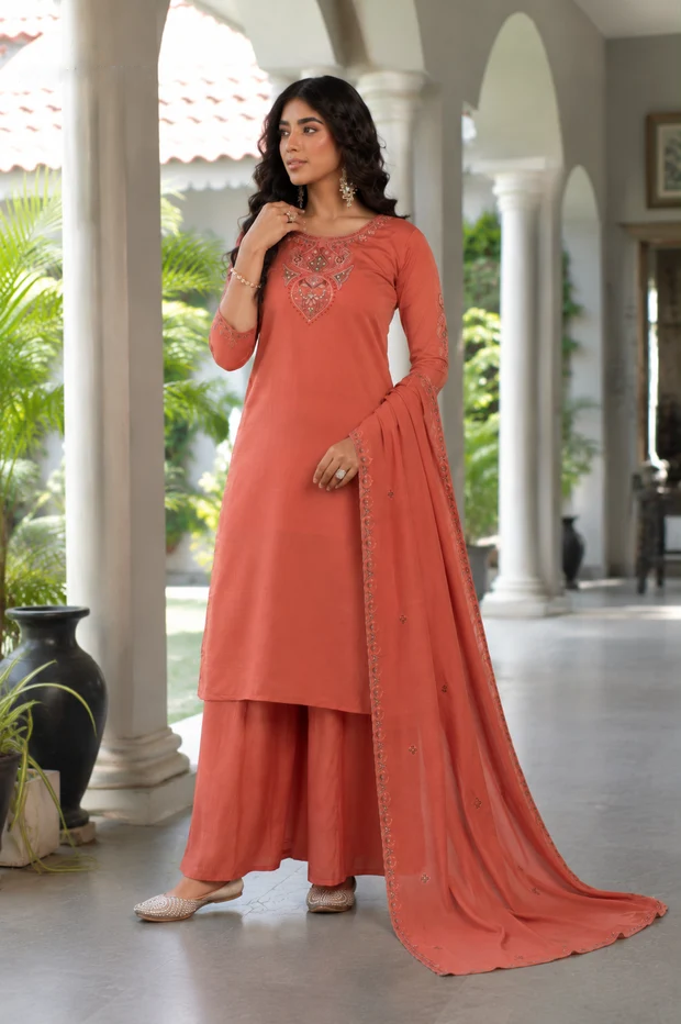 Rust Embroidered Viscose Kurta Palazzo Set