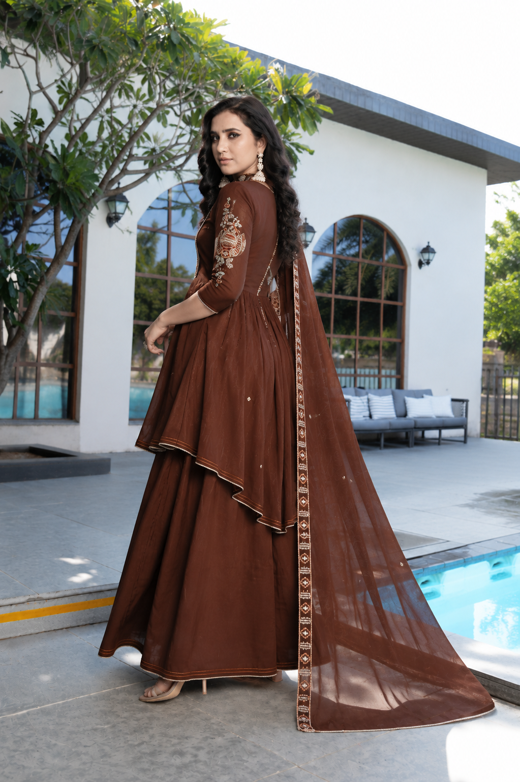 Chocolate Brown Embroidered Anarkali Sharara Set