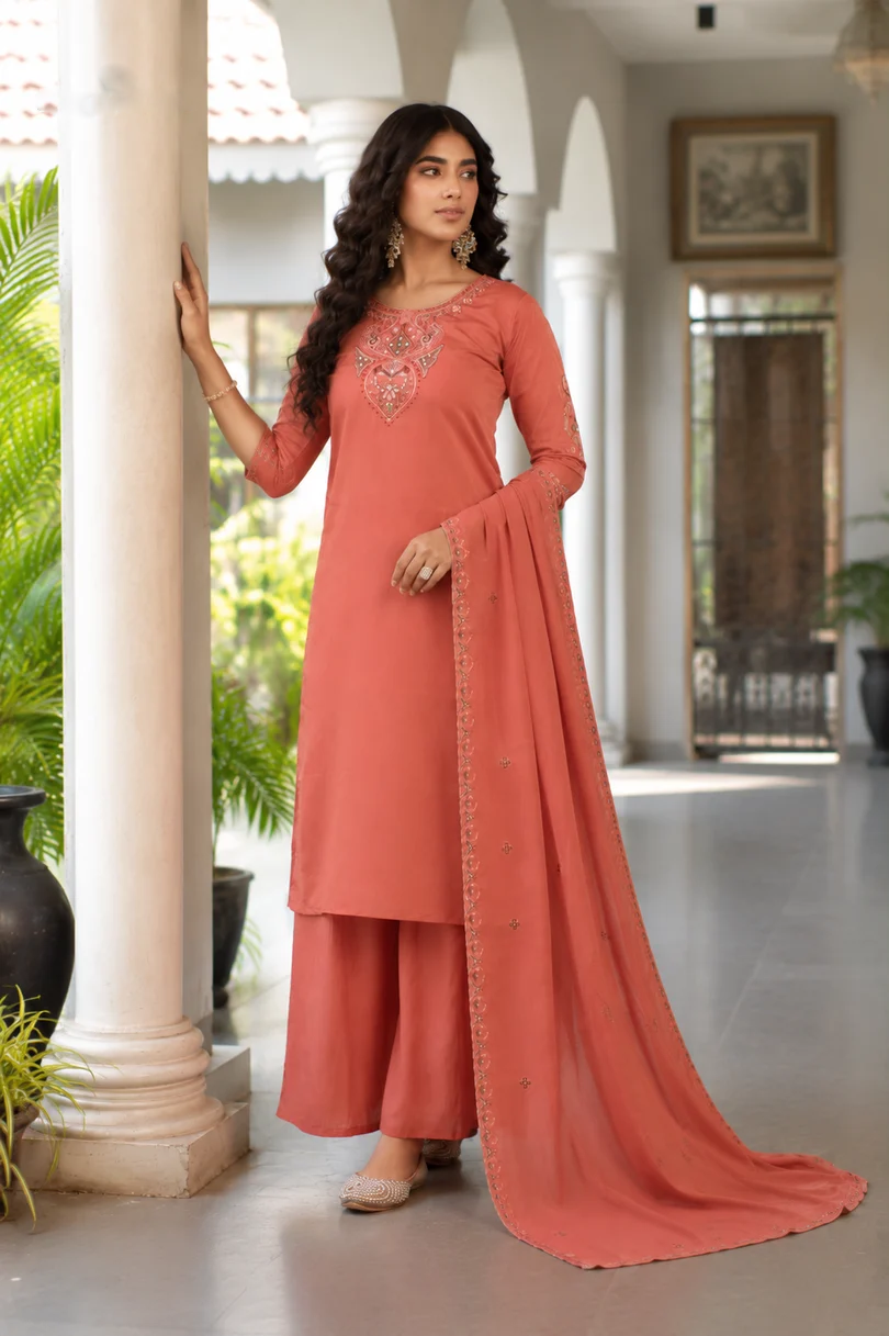 Rust Embroidered Viscose Kurta Palazzo Set