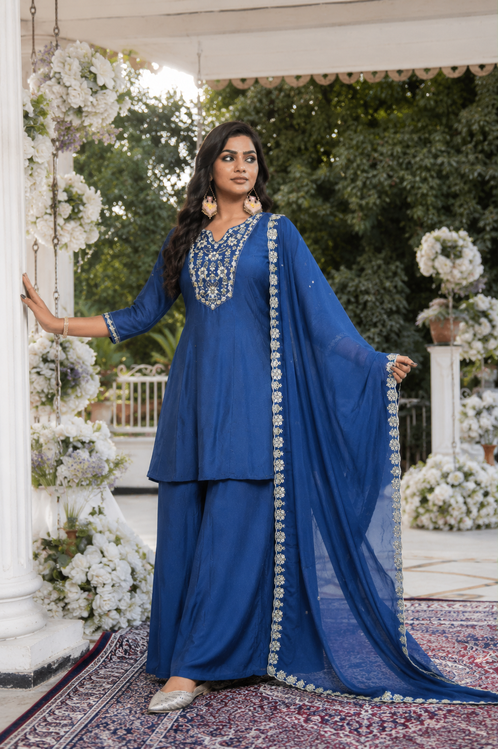 Navy Blue Embroidered Kurta Palazzo Set