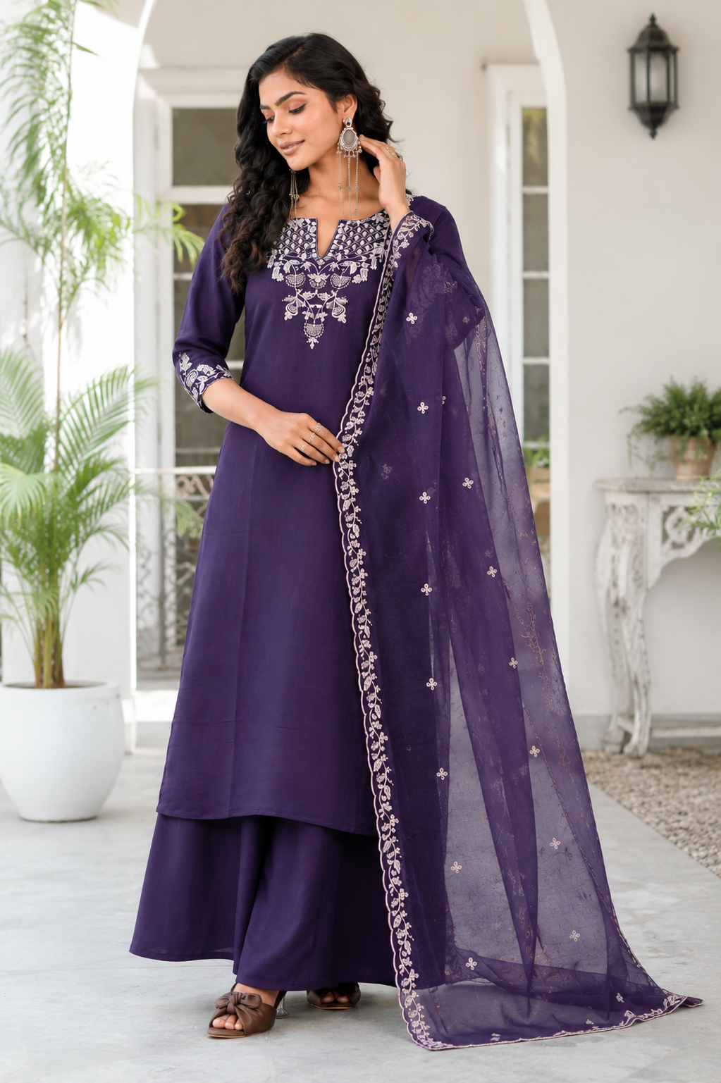 Deep Purple Embroidered Rayon Suit Set
