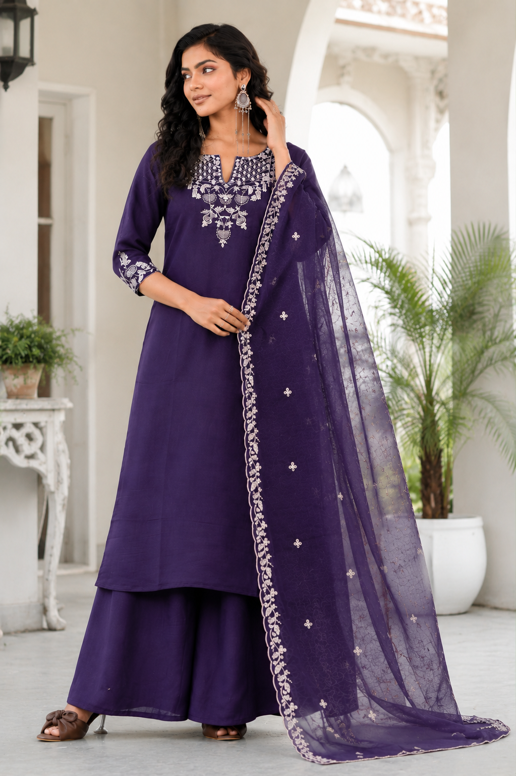 Deep Purple Embroidered Rayon Suit Set
