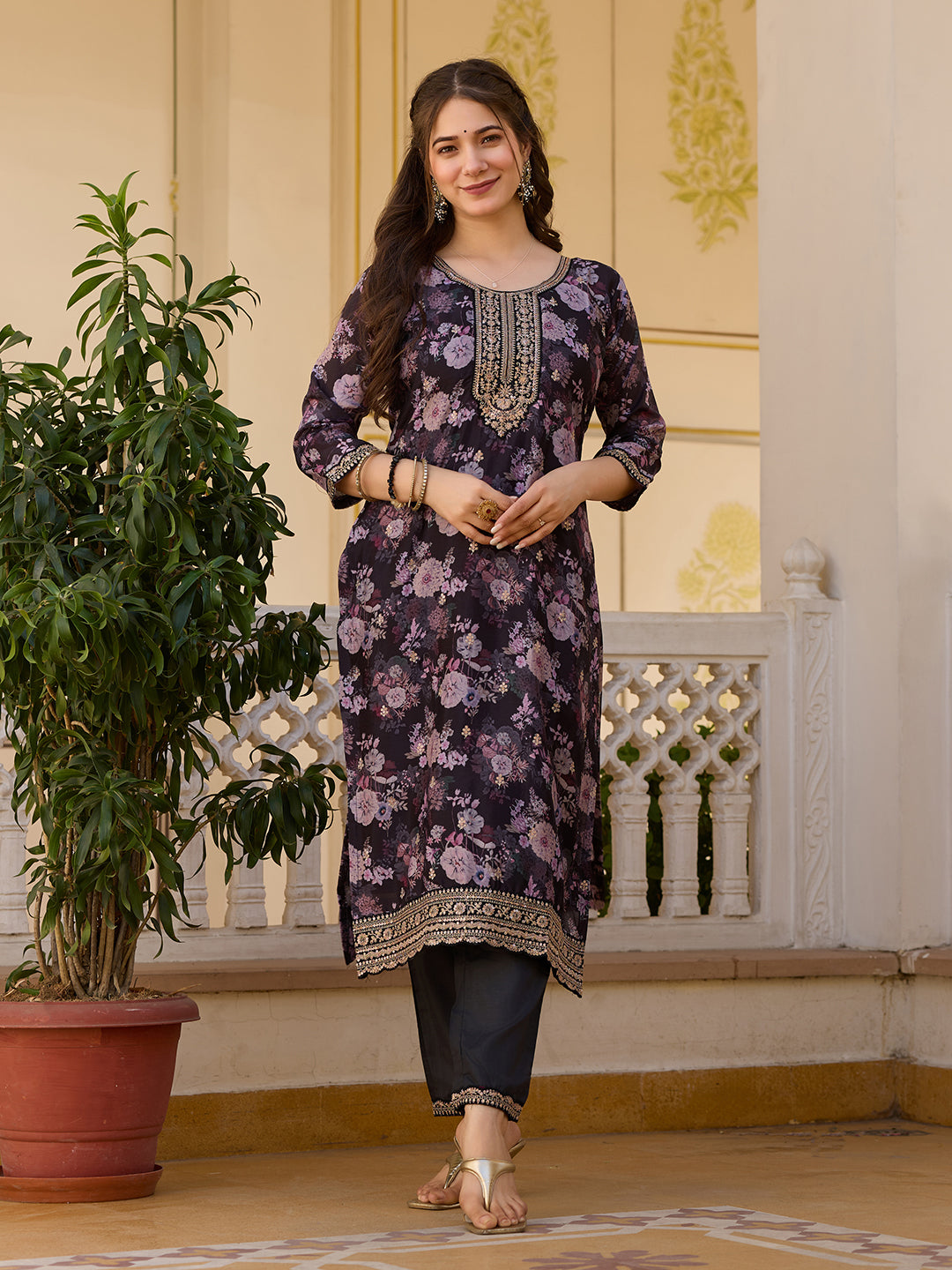 Black Floral Printed Kurta Pant Set