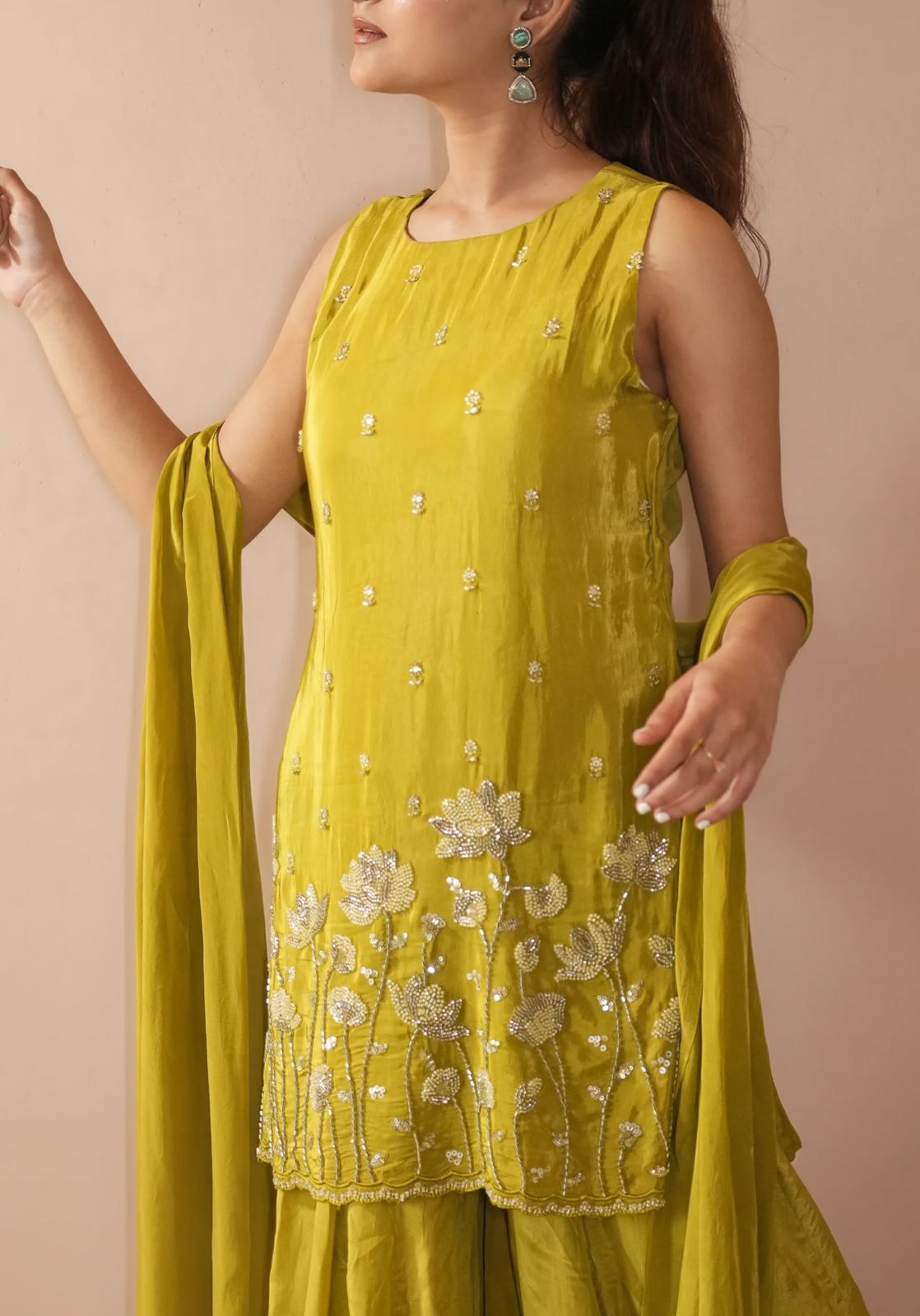 Olive Green Embroidered Sleeveless Sharara Suit Set