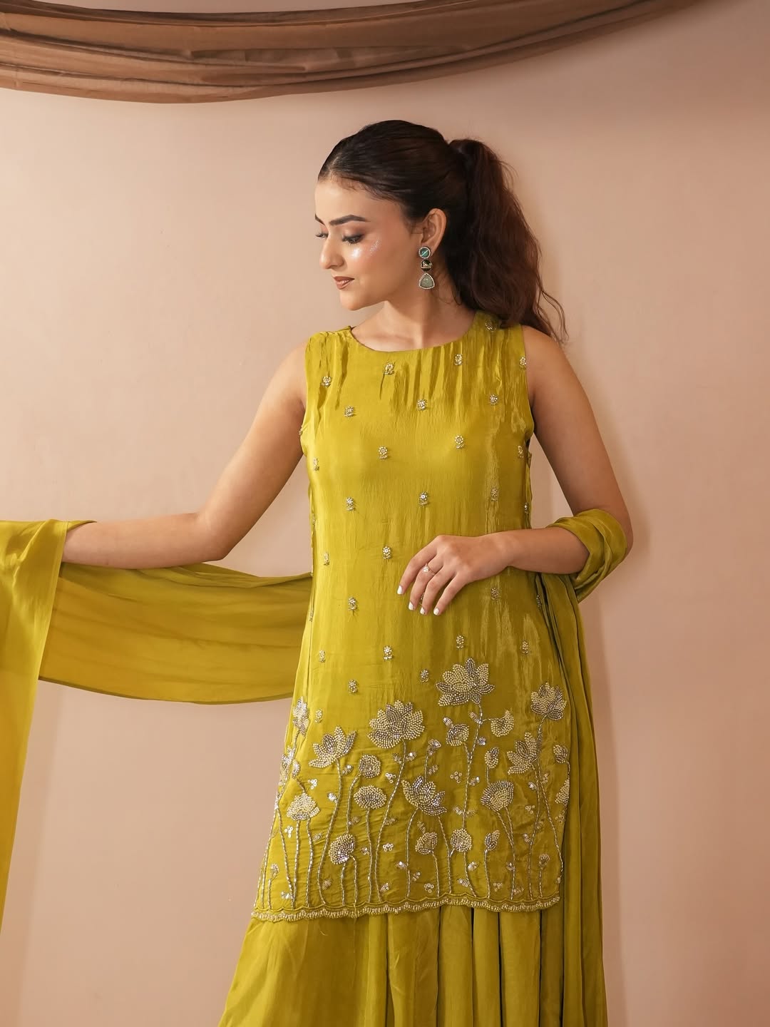 Olive Green Embroidered Sleeveless Sharara Suit Set