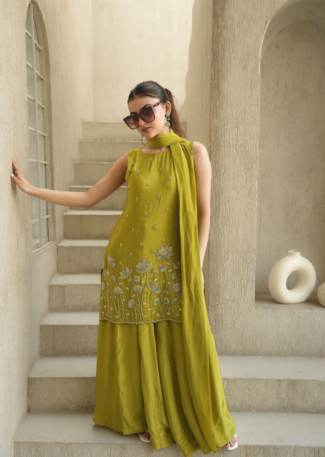 Olive Green Embroidered Sleeveless Sharara Suit Set
