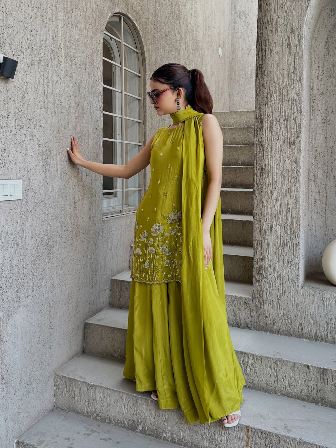 Olive Green Embroidered Sleeveless Sharara Suit Set