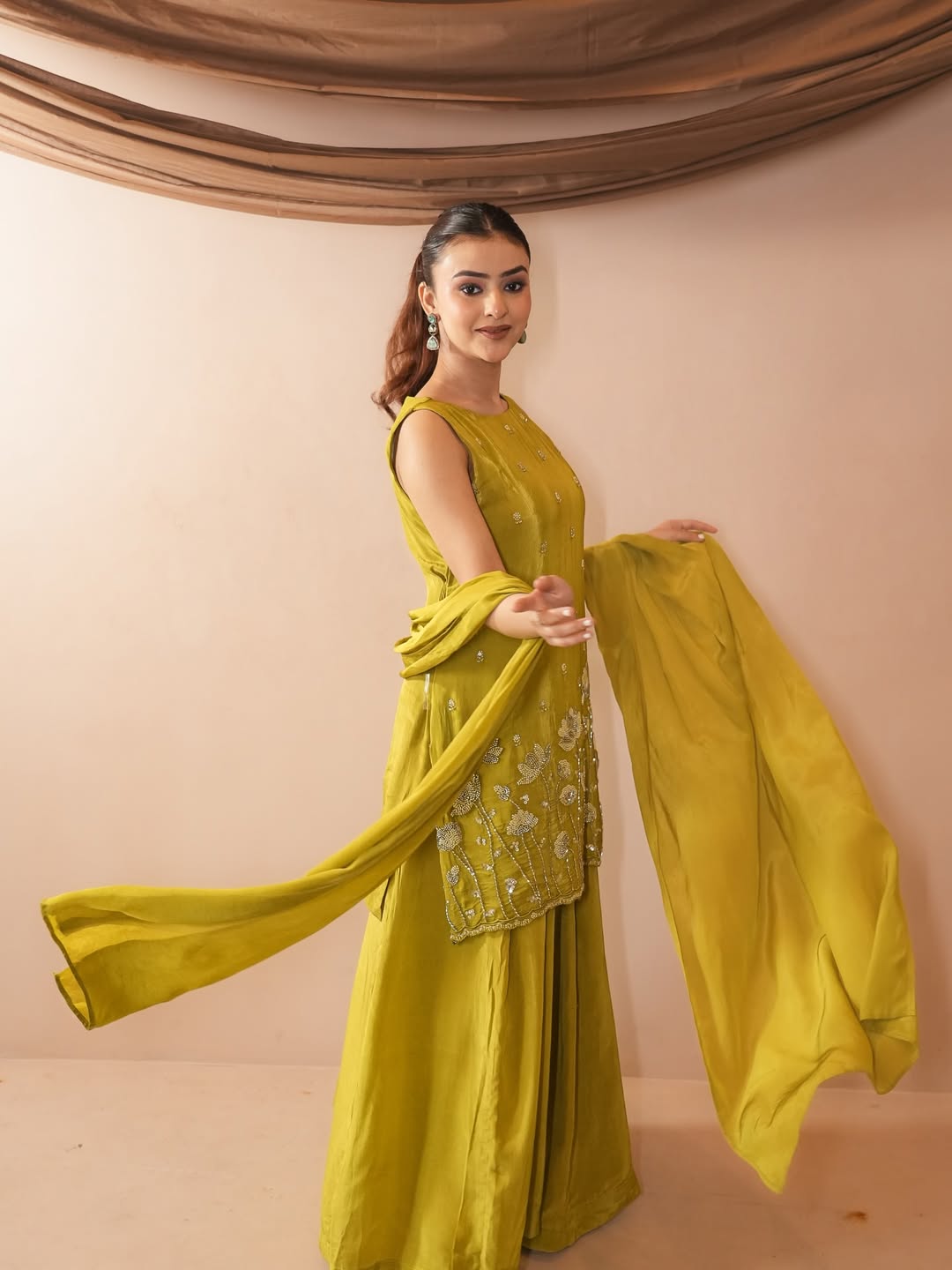 Olive Green Embroidered Sleeveless Sharara Suit Set
