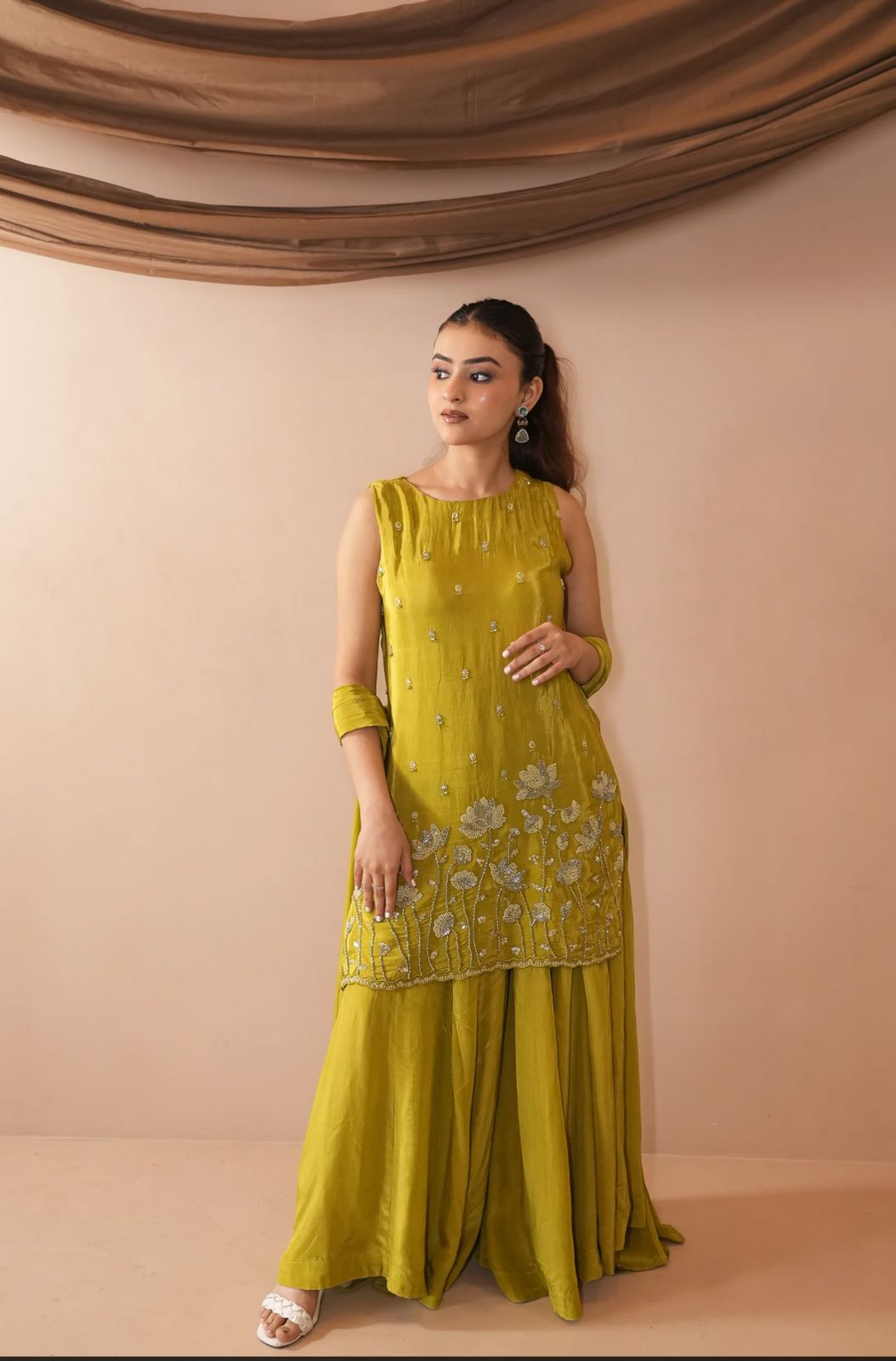 Olive Green Embroidered Sleeveless Sharara Suit Set