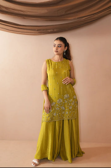 Olive Green Embroidered Sleeveless Sharara Suit Set