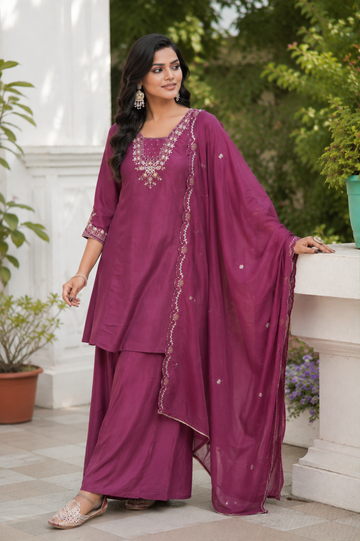 Plum Embroidered Viscose Suit Set
