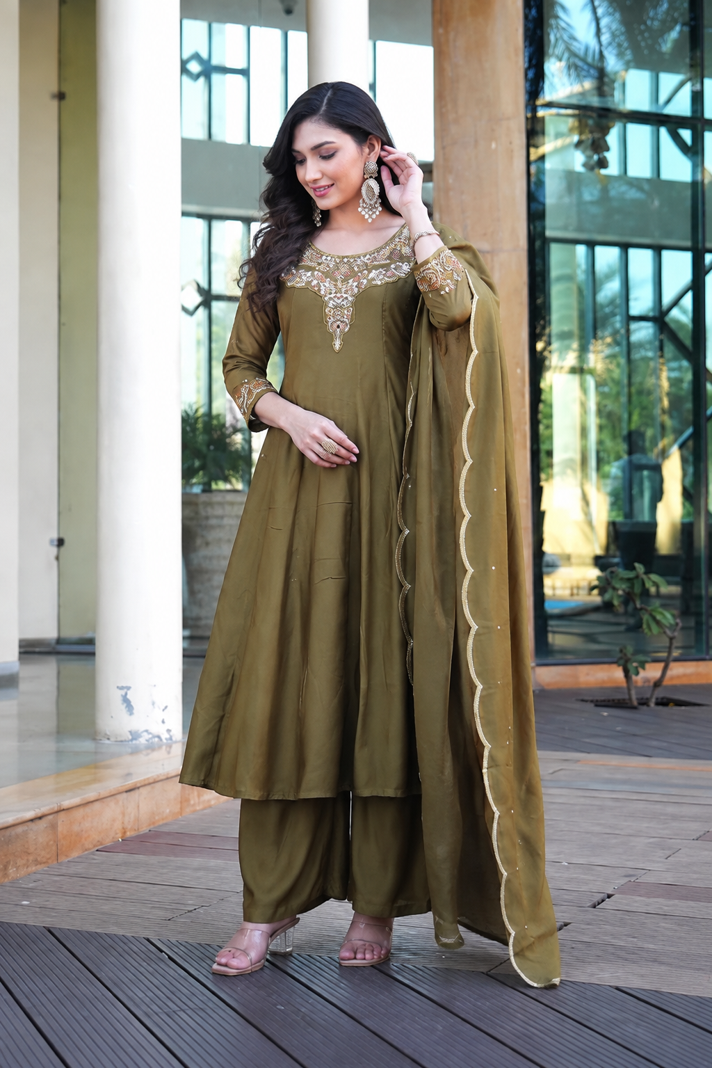Olive Green Embroidered Viscose Suit Set