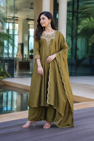 Olive Green Embroidered Viscose Suit Set