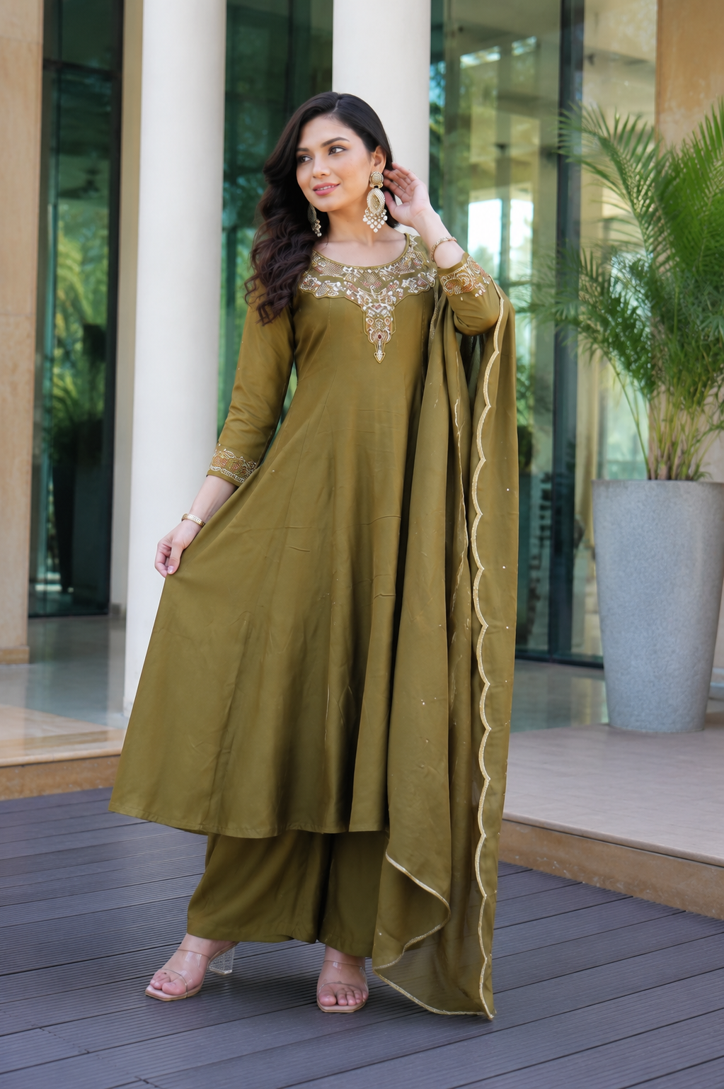 Olive Green Embroidered Viscose Suit Set