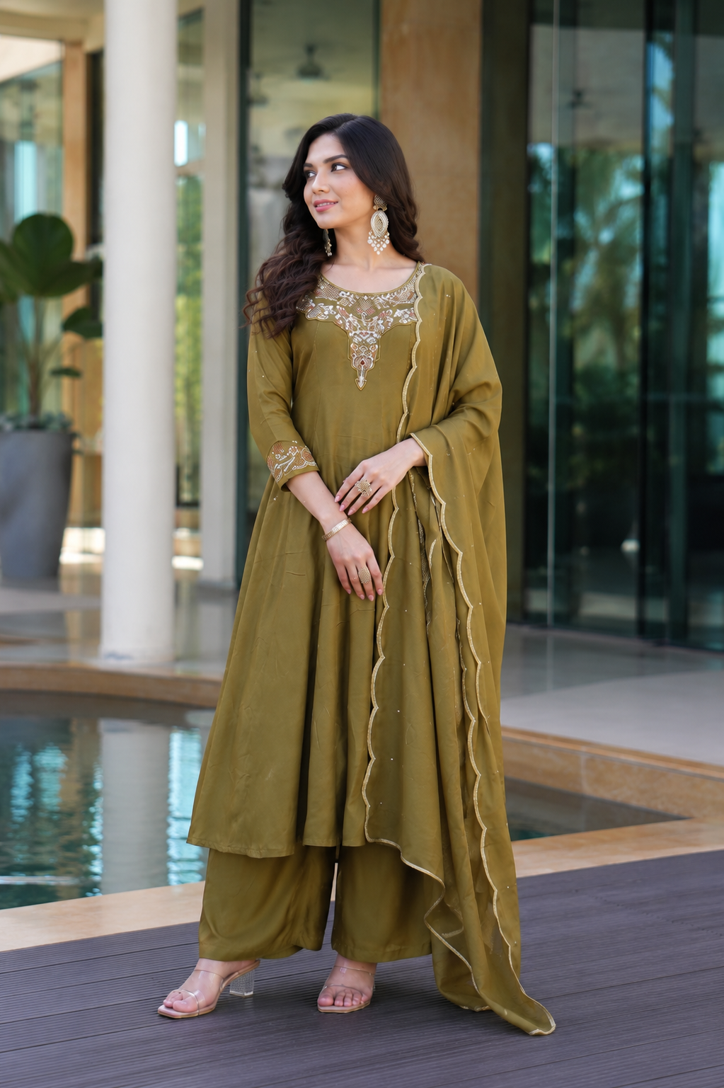 Olive Green Embroidered Viscose Suit Set