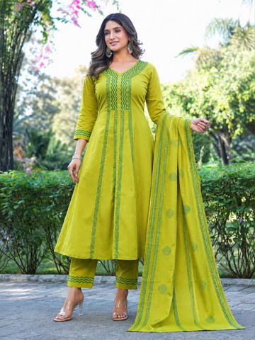 Lime Green Printed Rayon Suit Set
