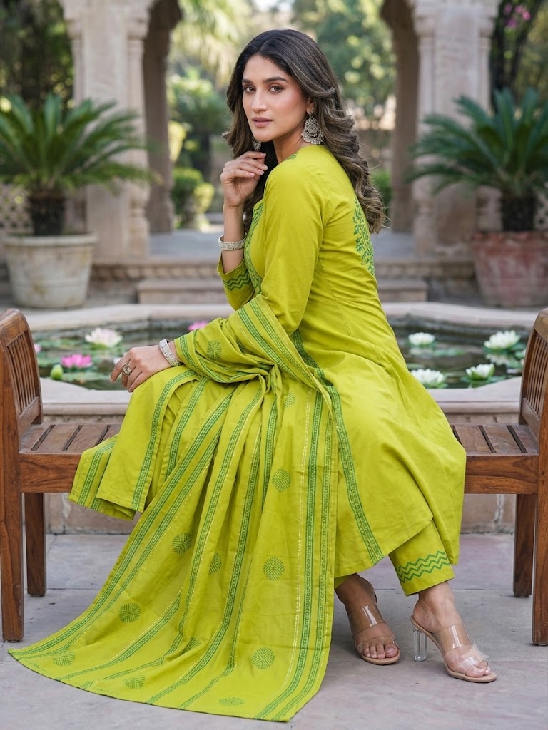 Lime Green Printed Rayon Suit Set