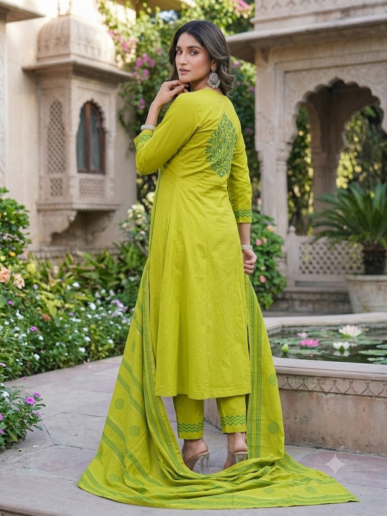 Lime Green Printed Rayon Suit Set