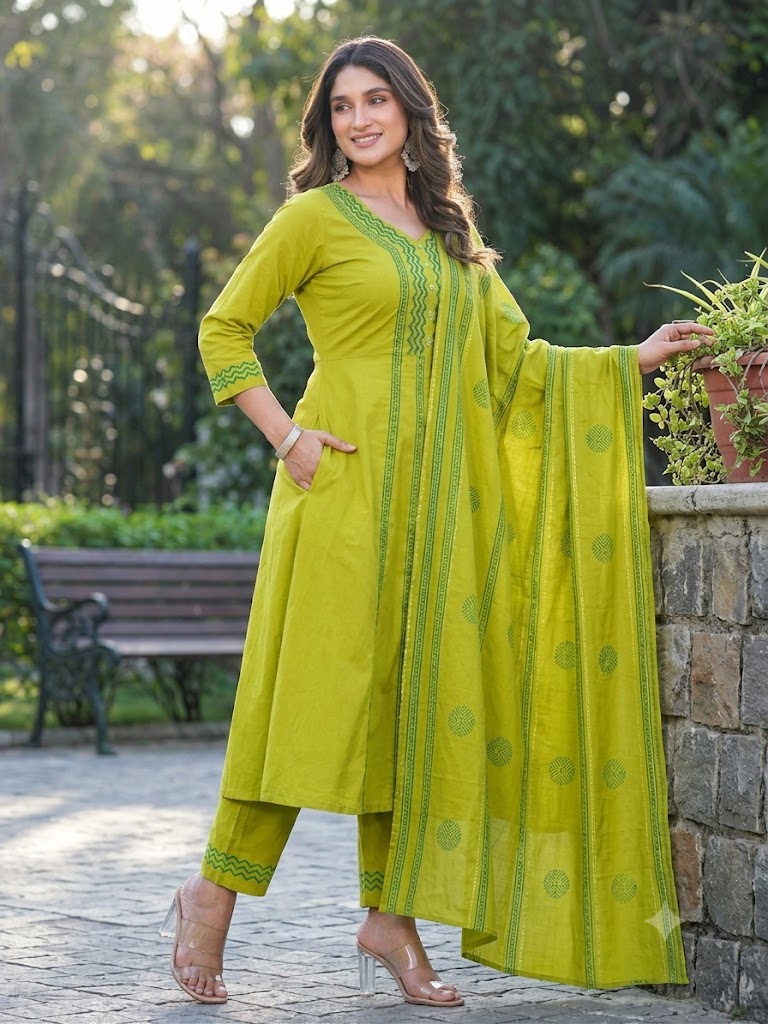 Lime Green Printed Rayon Suit Set