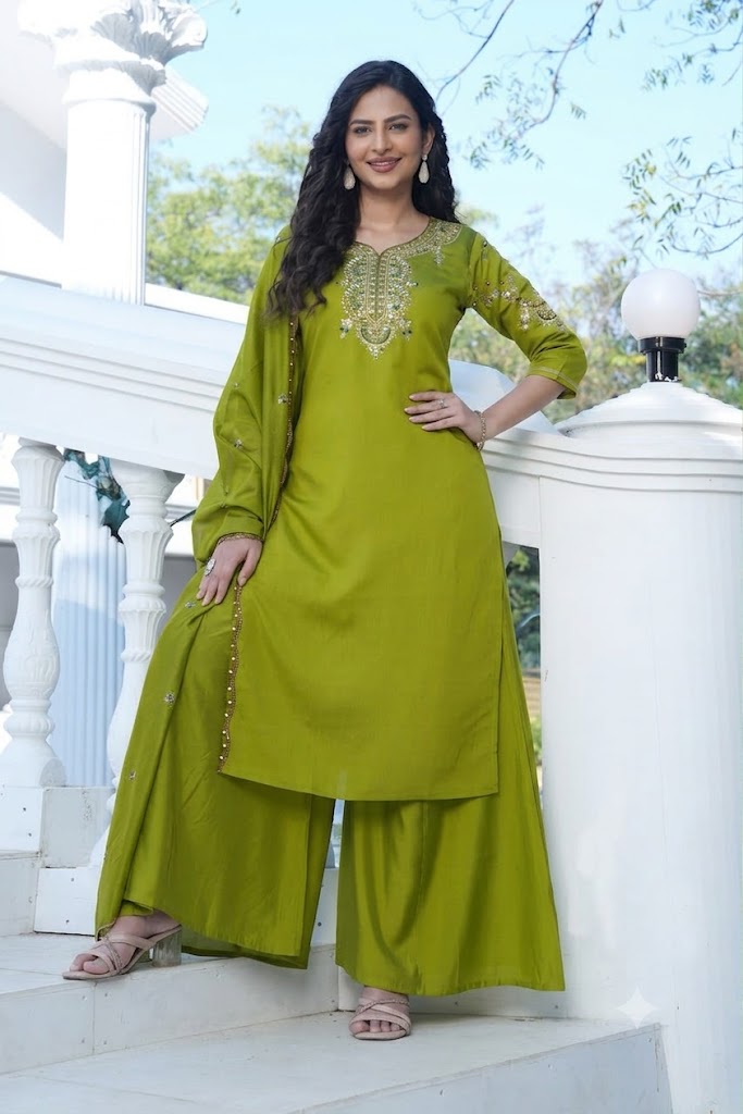 Olive Green Embroidered Viscose Silk Suit Set