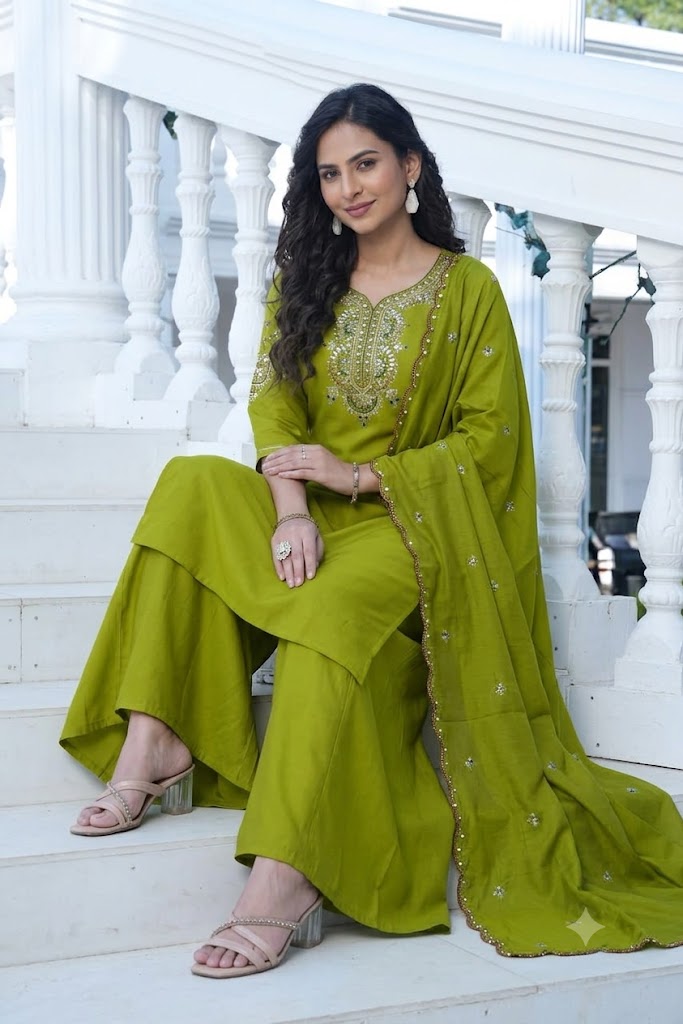 Olive Green Embroidered Viscose Silk Suit Set