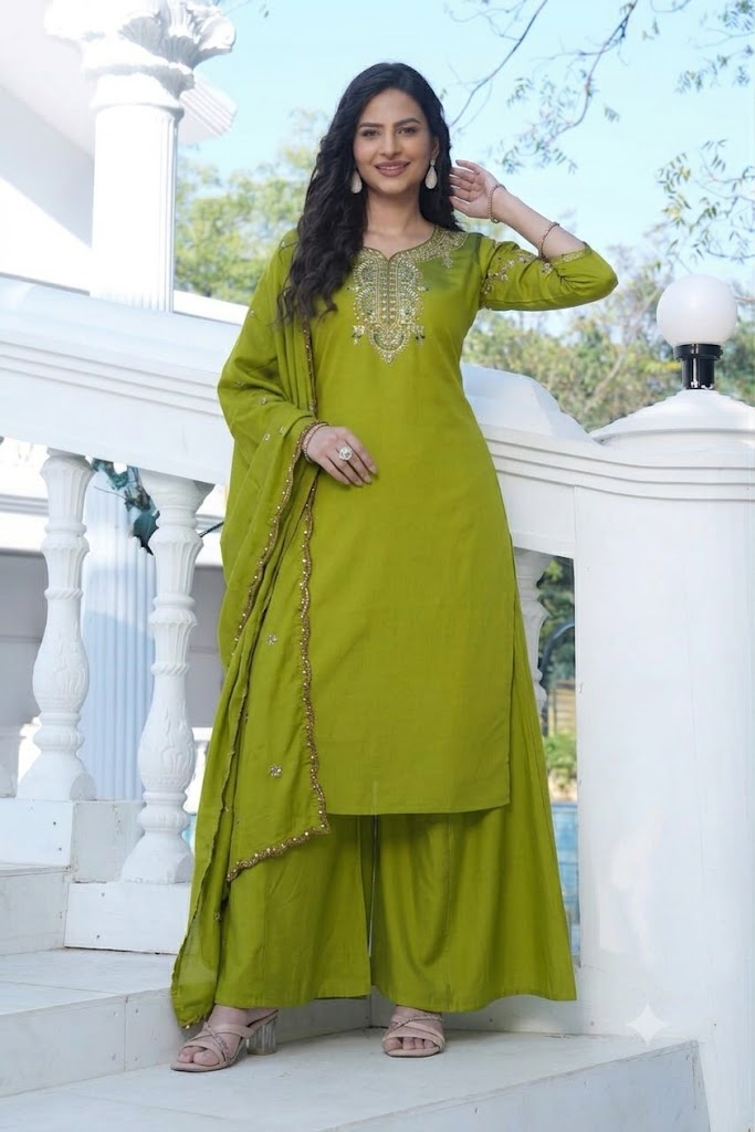 Olive Green Embroidered Viscose Silk Suit Set