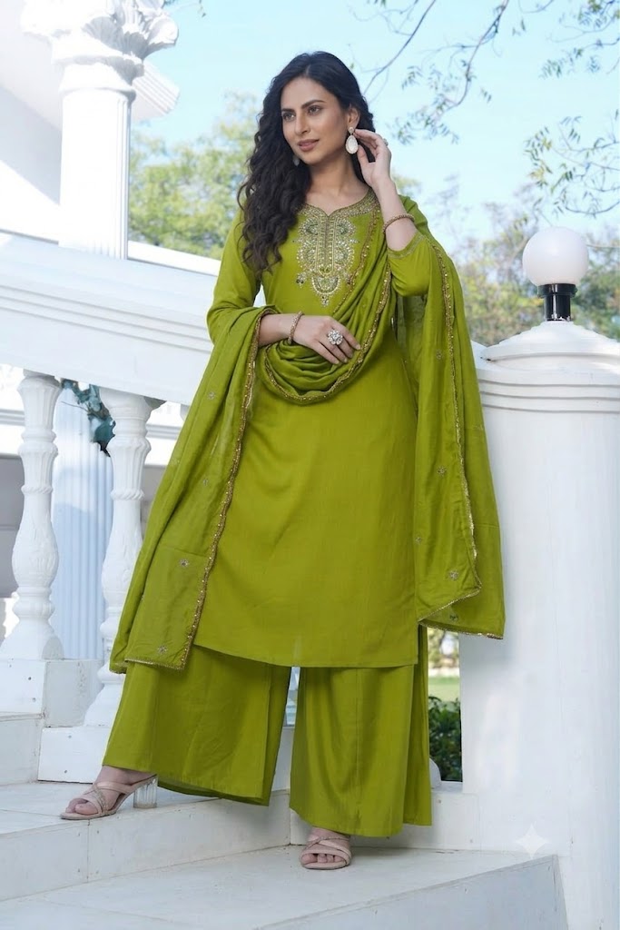 Olive Green Embroidered Viscose Silk Suit Set