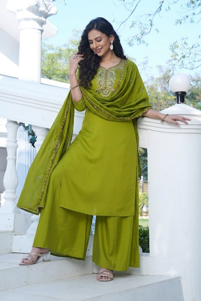 Olive Green Embroidered Viscose Silk Suit Set