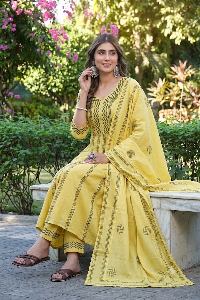 Mustard Yellow Printed Cotton Suit Set