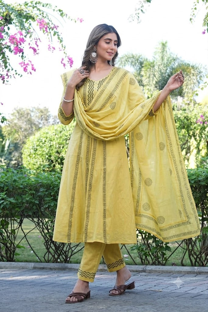 Mustard Yellow Printed Cotton Suit Set