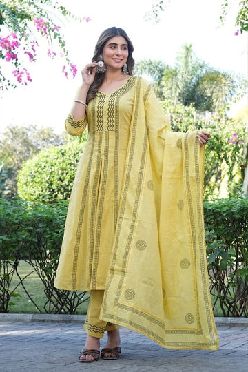 Mustard Yellow Printed Cotton Suit Set