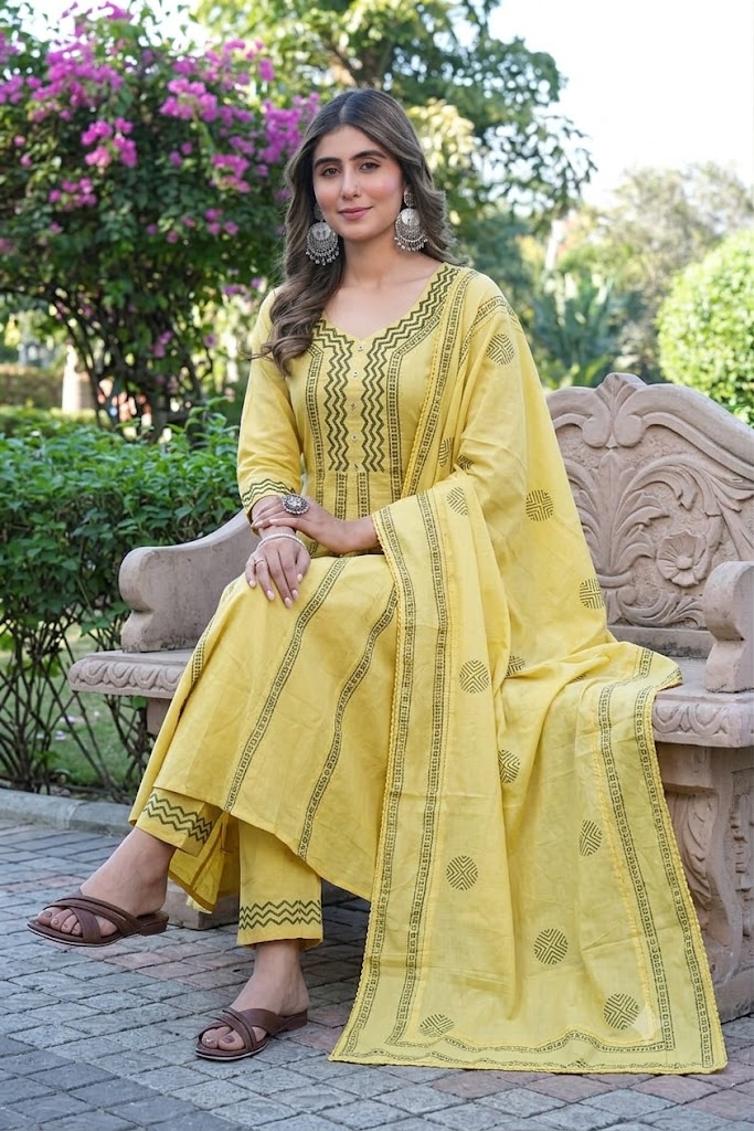Mustard Yellow Printed Cotton Suit Set