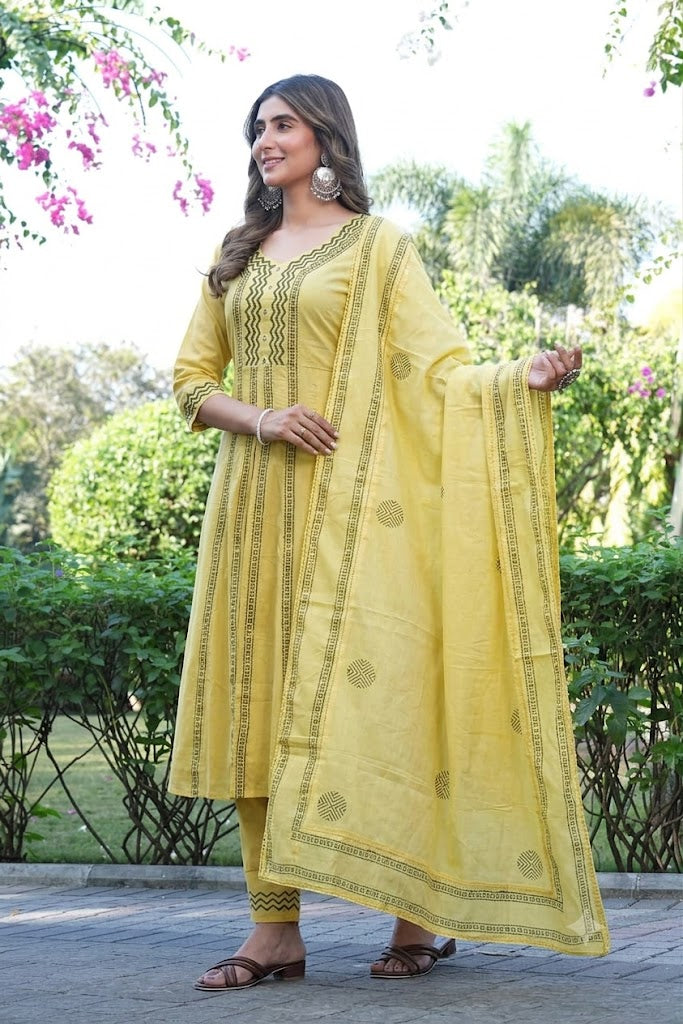 Mustard Yellow Printed Cotton Suit Set