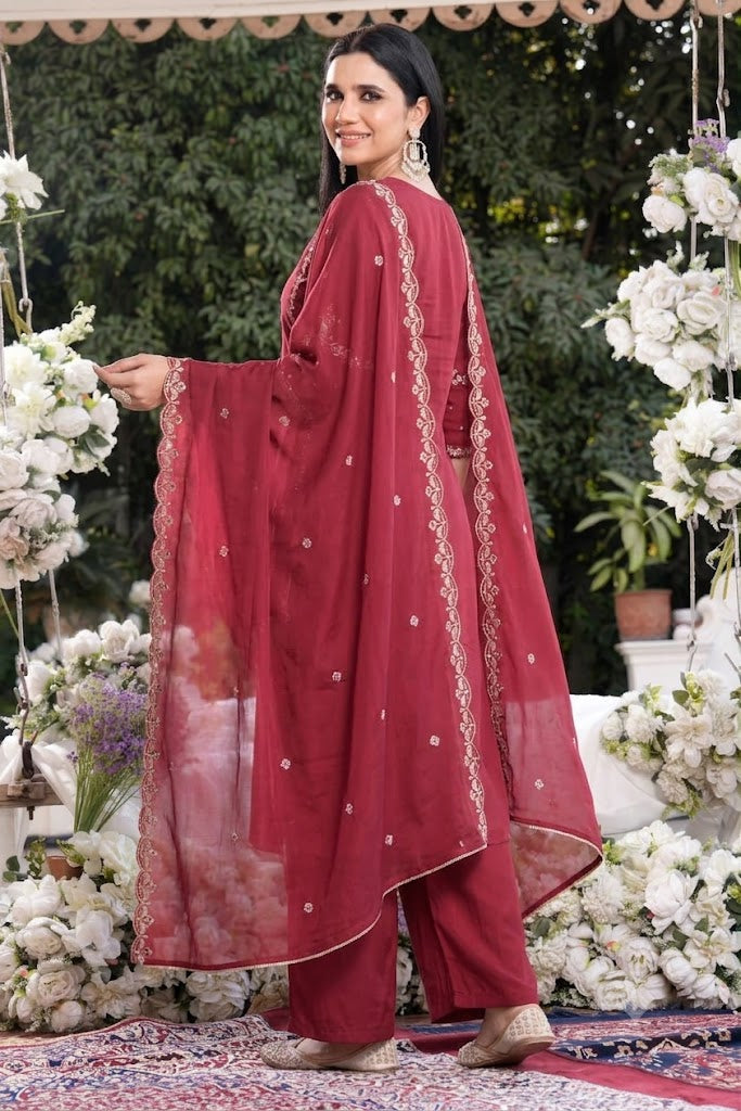 Wine Embroidered Faux Georgette Suit Set