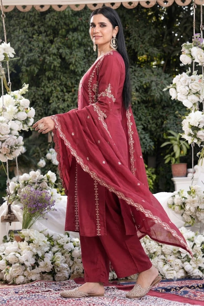 Wine Embroidered Faux Georgette Suit Set