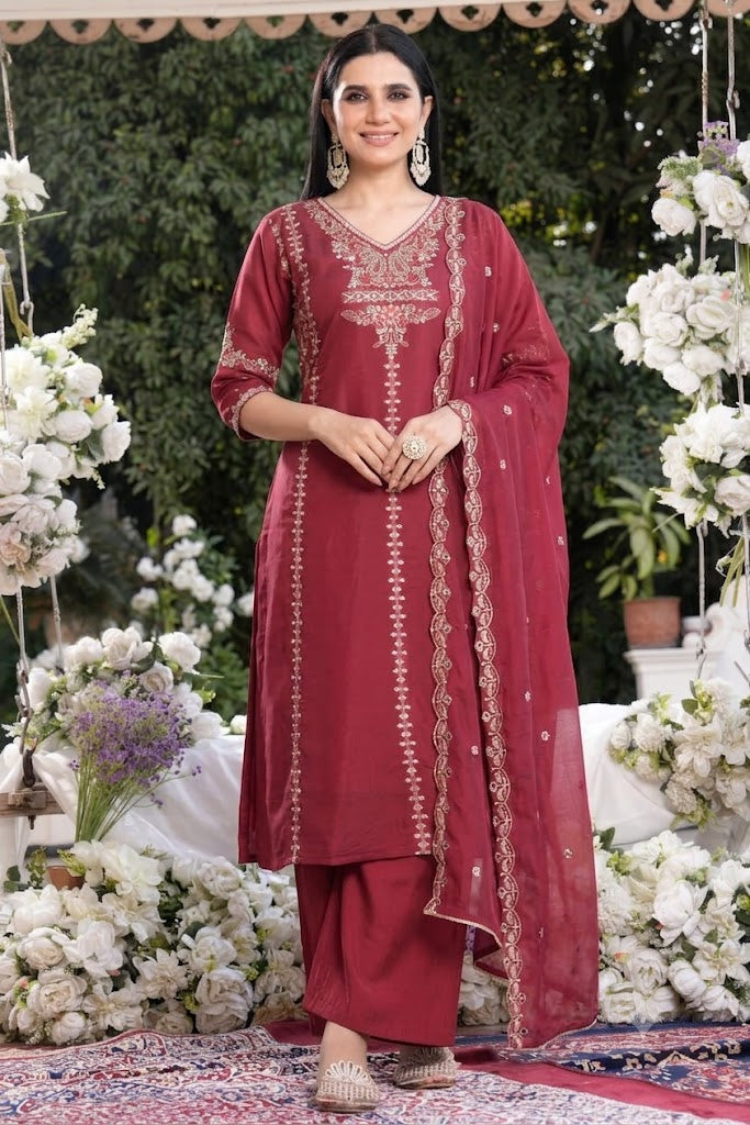 Wine Embroidered Faux Georgette Suit Set