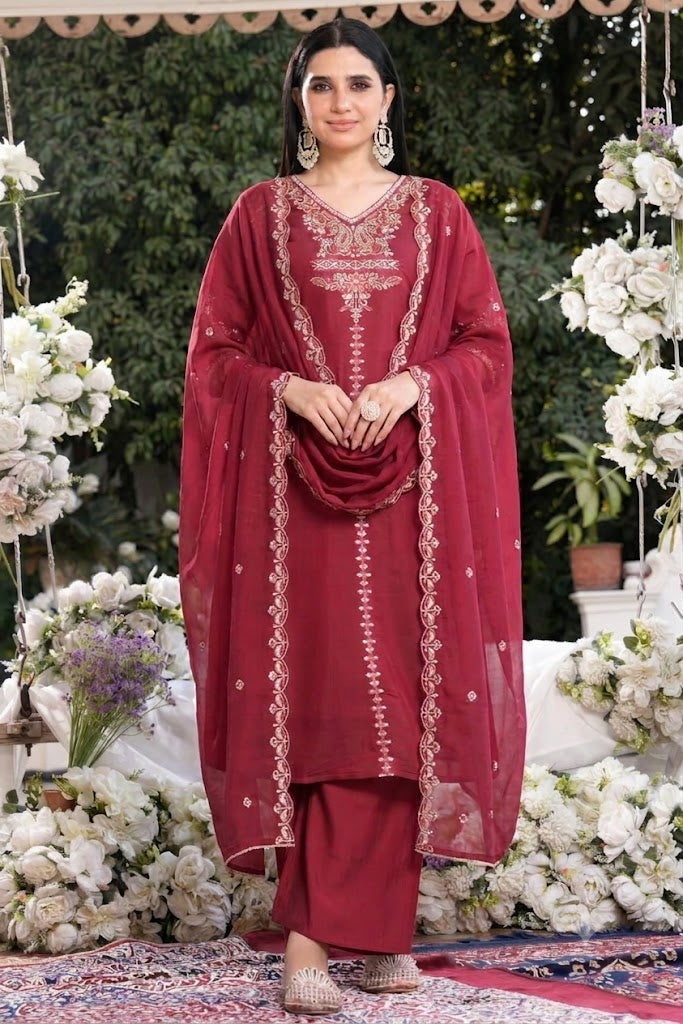 Wine Embroidered Faux Georgette Suit Set