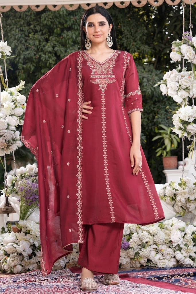 Wine Embroidered Faux Georgette Suit Set