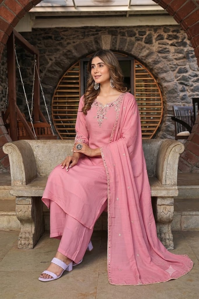 Blush Pink Embroidered Viscose Rayon Suit Set