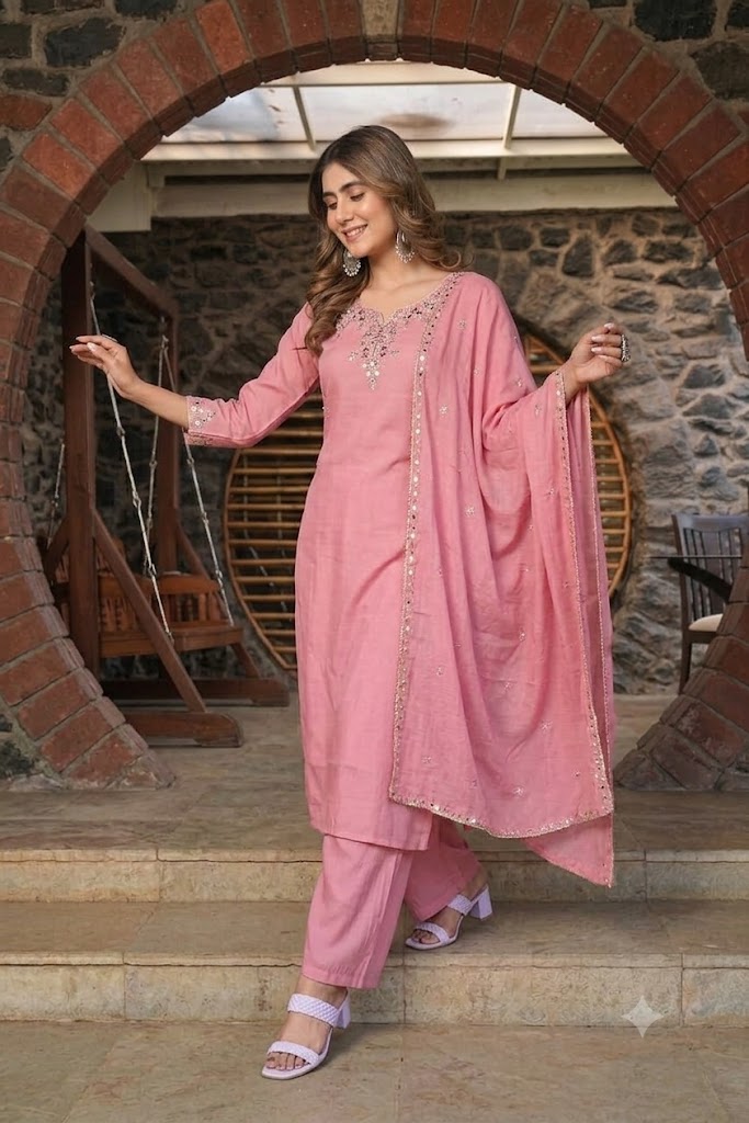 Blush Pink Embroidered Viscose Rayon Suit Set
