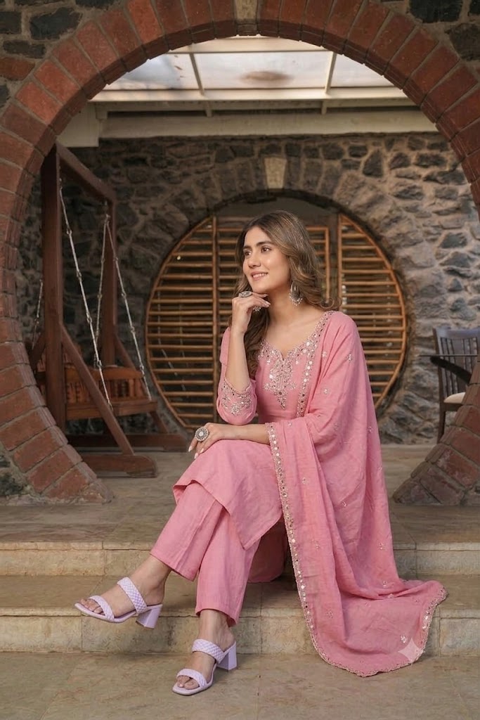 Blush Pink Embroidered Viscose Rayon Suit Set