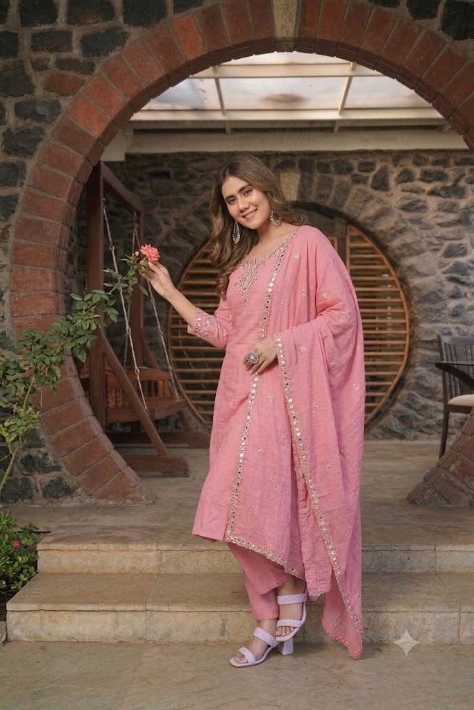Blush Pink Embroidered Viscose Rayon Suit Set