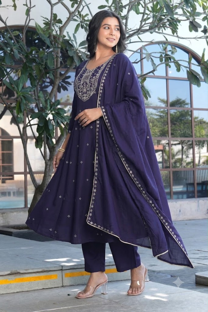 Navy Blue Embroidered Kurta Set with Dupatta